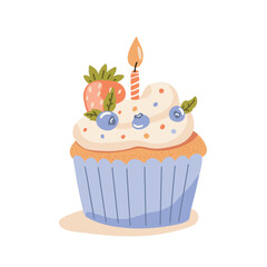 Blueberry strawberry cupcake with candle, festive dessert. Flat vector illustration on white background