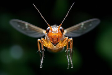 Close-up view of an orange insect in mid-air showcasing detailed features and intricate patterns during daytime in a lush environment