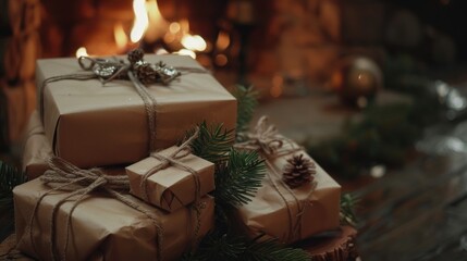Stacked Christmas gifts by fireplace. Warm and cozy Christmas presents wrapped in kraft paper with twine and decorated with pine cones and ornaments.