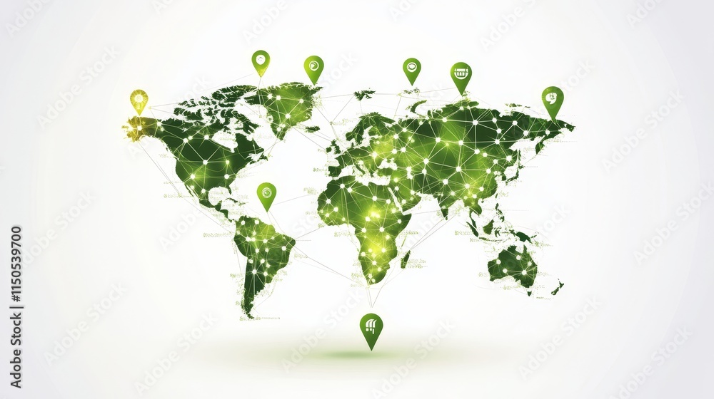 Poster digital map of the world with green highlights and connection points representing global communicati