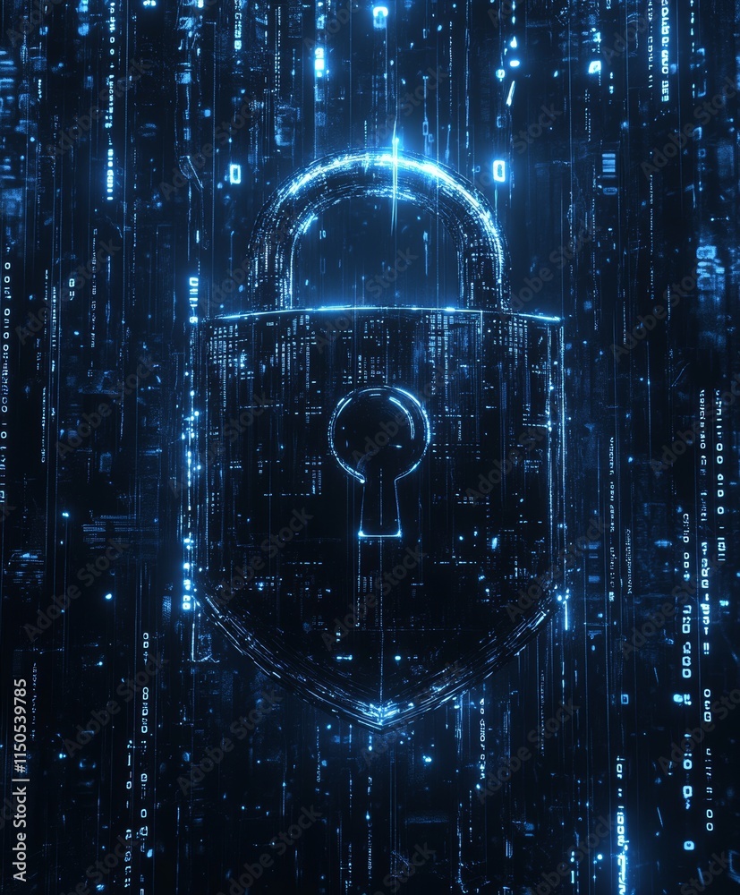 Poster digital padlock surrounded by flowing data streams represents advanced cybersecurity and digital pro