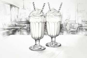 Sketch of a vintage diner scene featuring two milkshakes with striped straws on a table, surrounded by classic seating and retro decor