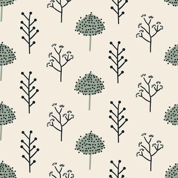 Fototapeta Seamless trendy pattern with abstract scandi trees , flat style illustration on light background