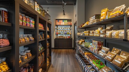 Fototapeta premium Interior of a healthy food store with many shelves of various dried goods, spices, and nuts.