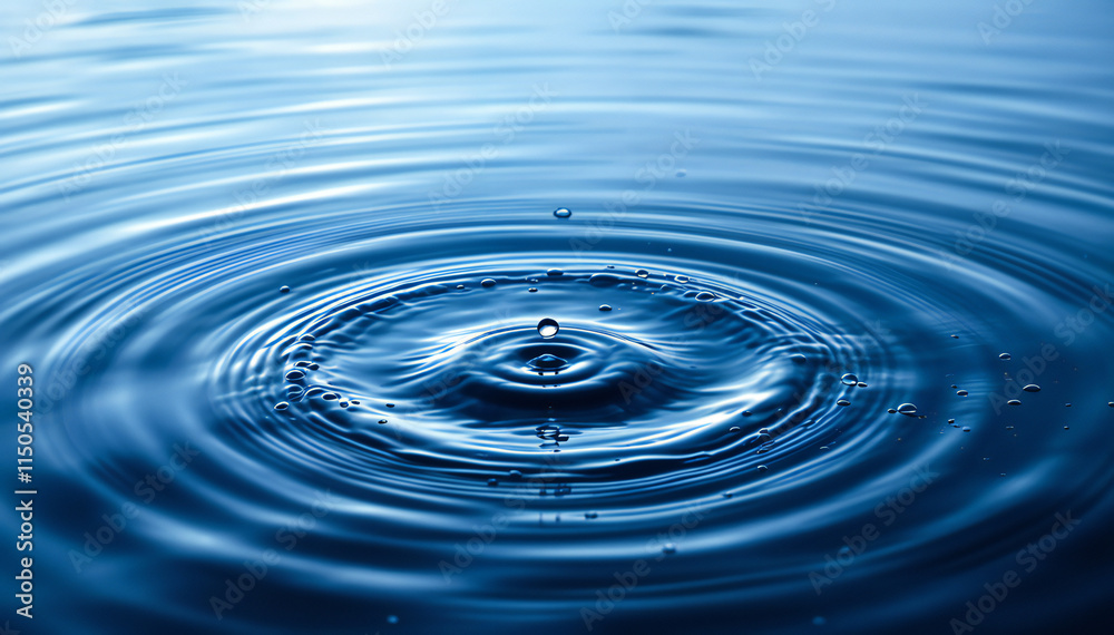 Wall mural ripples in blue water with a single droplet create concentric circles, reflecting sunlight and creat