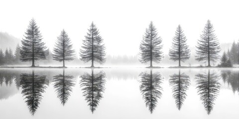 Row of trees are reflected in the water