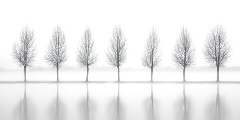 Row of trees are lined up on a lake
