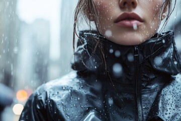 Urban rainwear fashion - woman in water repellent jacket in city rain scene.