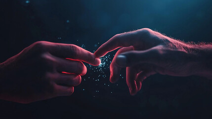Two hands reach, fingertips brush, sparking ethereal light. A captivating scene of connection, glowing with mystical energy.  Intriguing and surreal.