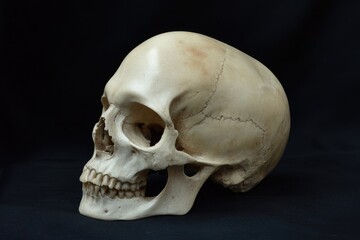 Creepy Human Skull Isolated on Dark Canvas. Anatomical Bone Structure in Striking Contrast with Black Background