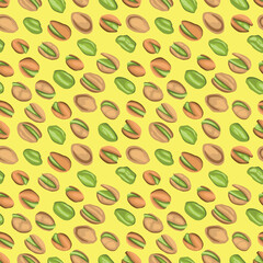 Seamless pattern with colored flat realistic pistachios nuts on yellow background. Salty delicious organic food nutshells, peeled. Food package, wallpapers, polygraphy, textile traditional snack
