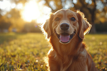 Golden retriever smiling at sunset in a park