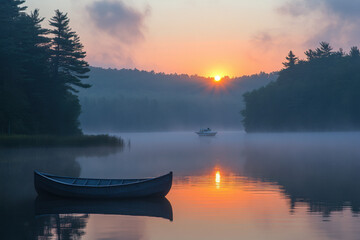 Canoe and motorboat floating on misty lake at sunrise