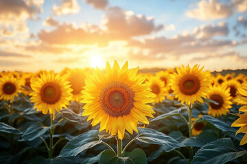 Obraz premium Sunflowers blooming in field at sunset with cloudy sky