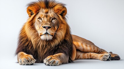 Obraz premium Majestic male lion lying down, facing forward, on a white background.