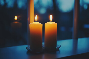 Two burning candles creating a warm atmosphere by the window at dusk