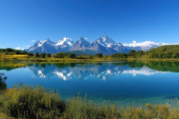 Majestic snow capped mountains reflected in a tranquil lake