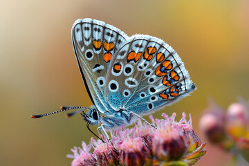 Fototapeta premium Beautiful butterfly with orange and black spots feeding on pink flower
