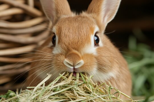 Cute brown rabbit munching on hay in a cozy indoor setting surrounded by natural materials - Powered by Adobe