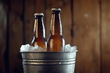 Chilled Bottles of Beer Nestled in a Rustic Bucket with Frosted Surfaces on a Wooden Table