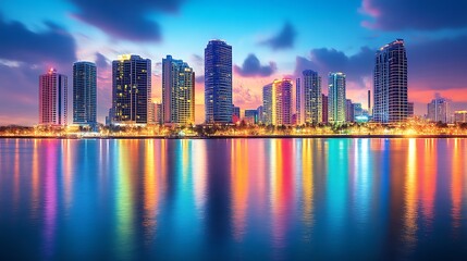 Obraz premium Vibrant City Skyline Reflected In Calm Water At Sunset