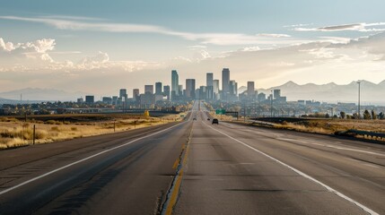 Denver Skyline from Highway: A Majestic View of Urban Landscape and Rocky Mountains