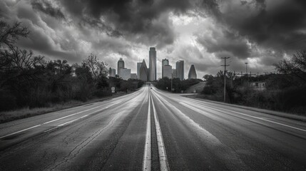 Dramatic Black and White Cityscape: Austin Skyline from a Long Road