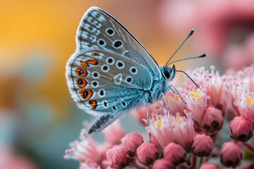 Fototapeta premium Beautiful butterfly feeding on pink flower in nature close up macro photography