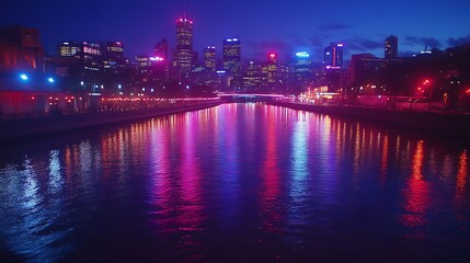 Fototapeta premium Cityscape Night Reflection Neon Lights Water