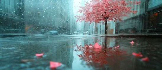 Pink tree reflected in rainy city street.