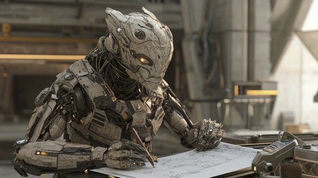 Futuristic Alien Engineer Crafting Advanced Machinery in Busy Workshop | Digital 3D Render of Innovative Technical Expertise