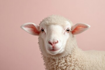 Fototapeta premium Cute lamb posing against a soft pink background with a gentle expression and fluffy wool texture