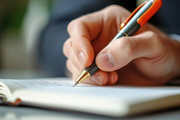 Businessman writing notes in notebook using elegant pen