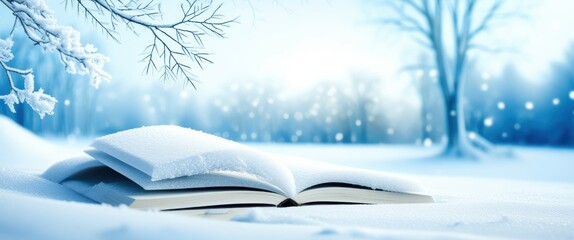 Winter landscape, open book in snow, magical glowing particles, bare tree branches, cold blue tones, ethereal atmosphere, fantasy reading scene, frosty forest background, sparkling snowflakes, dreamli