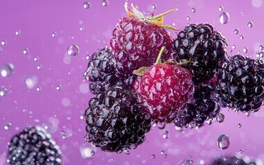A cluster of ripe blackberries levitating mid-air with detailed dewdrops, on a vibrant purple background