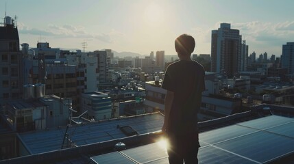 Person standing on rooftop at sunset, overlooking cityscape.
