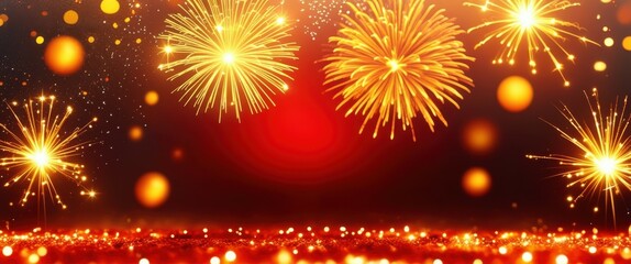Obraz premium Fireworks display, golden explosions, red sky, night celebration, sparkling lights, festive atmosphere, panoramic view, holiday spectacle, vibrant colors, glowing embers, cityscape silhouette, new yea