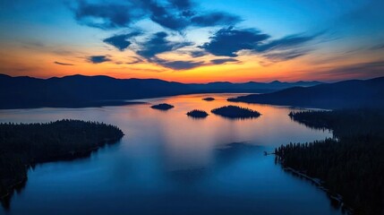 Naklejka premium Serene Sunrise Over Lake And Islands Mountains