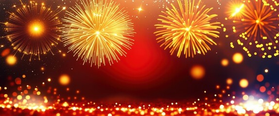 Obraz premium Fireworks display, golden explosions, red sky, night celebration, sparkling lights, festive atmosphere, panoramic view, holiday spectacle, vibrant colors, glowing embers, cityscape silhouette, new yea
