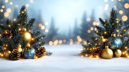 Two Christmas displays with gold and blue ornaments, pine cones, and fairy lights, against a blurred winter background.

