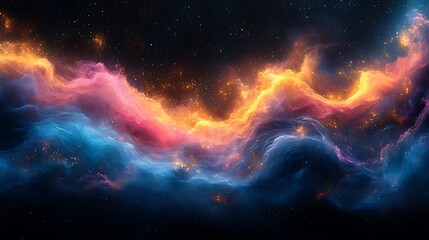 Naklejka premium Abstract cosmic nebula with vibrant, swirling colors and glowing particles.
