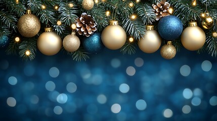 Christmas ornaments, gold and blue, on a dark-blue background with lights and pine branches.

