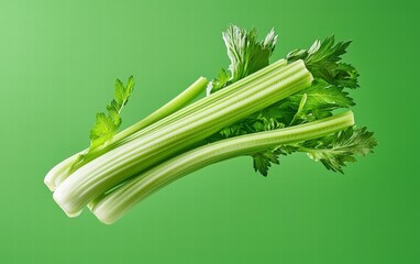 A crisp stalk of celery floating mid-air with detailed texture, set against a bright green background