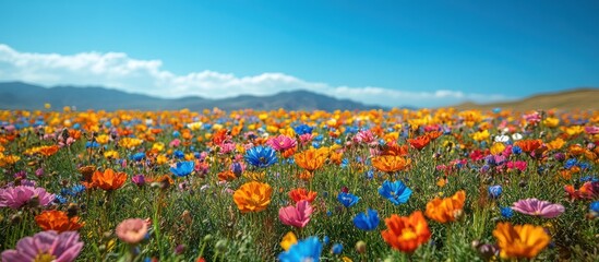 Vibrant wildflower meadow with mountains and blue sky.