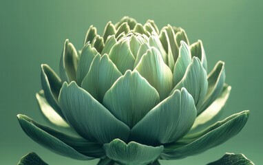Fototapeta premium A fresh artichoke levitating with its textured leaves glowing under soft light, set on a pastel green background