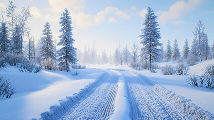 Obraz premium Close-up of fresh, crisp winter tracks in deep, untouched snow, leading off into a distant forest under a pale blue sky.