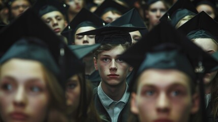 Obraz premium Graduation ceremony, focused on a thoughtful young man in a sea of graduates.