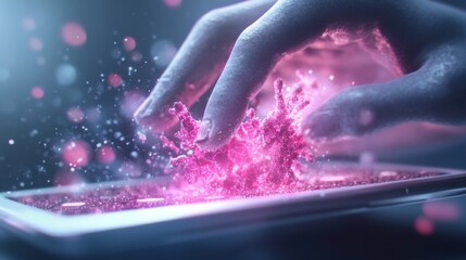 Fototapeta premium Hand interacting with holographic pink particles on a digital surface. Futuristic and technological innovation concept.
