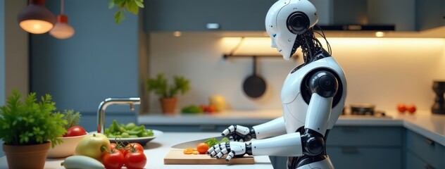 Humanoid Robot Assisting in a Modern Kitchen. Ideal for depicting the future of AI in households, robotics in daily life, smart home technology concepts