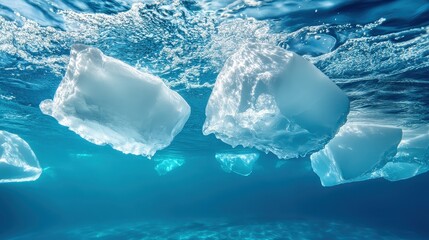 Melting Icebergs: A mesmerizing underwater scene showcases the ethereal beauty of melting icebergs, their translucent forms shimmering in the azure depths.
